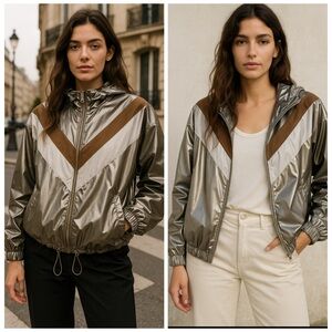 Zara Silver Gold Metallic Colorblock Windbreaker Jacket NWT Size Small Chic